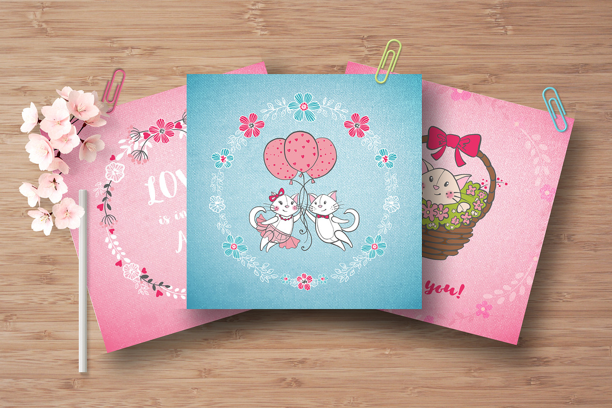 Romantic set with cats and flowers, a Texture Illustration by MalniArt (Photo 7 of 9)