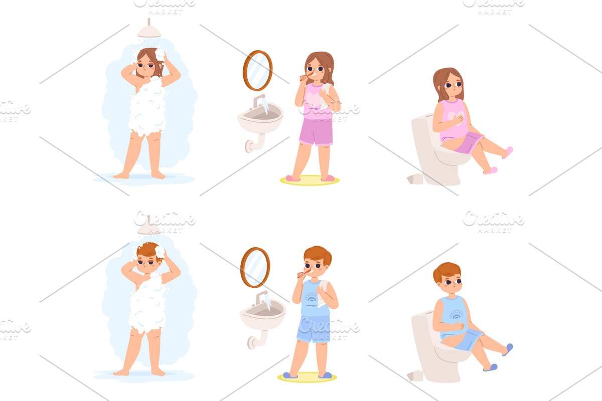 Children hygiene time. Boy and girl, a Healthcare Illustration by Valerie Bodnar