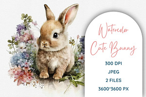 Watercolor Easter Rabbit Bunny Flowe