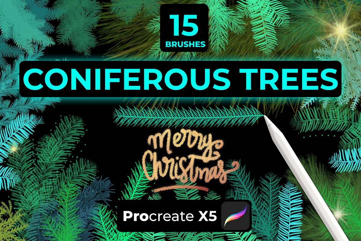 15 CONIFEROUS BRANCHES PROCREATE X5, a Brush Add-On by Graphics Resources (Photo 2 of 8)