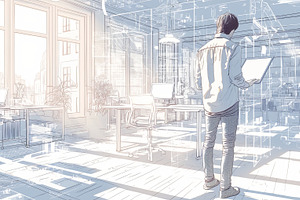 Young professional exploring a digital visionary workspace with futuristic comp, a Photo by AS photostudio