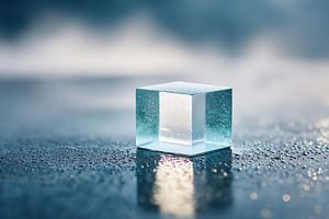 Square ice block glistening with water droplets on a reflective surface in soft, a Photo by AlyaAnd