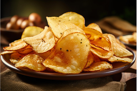 Crispy golden potato chips on rustic, a Food & Drink Photo by Ylivdesign
