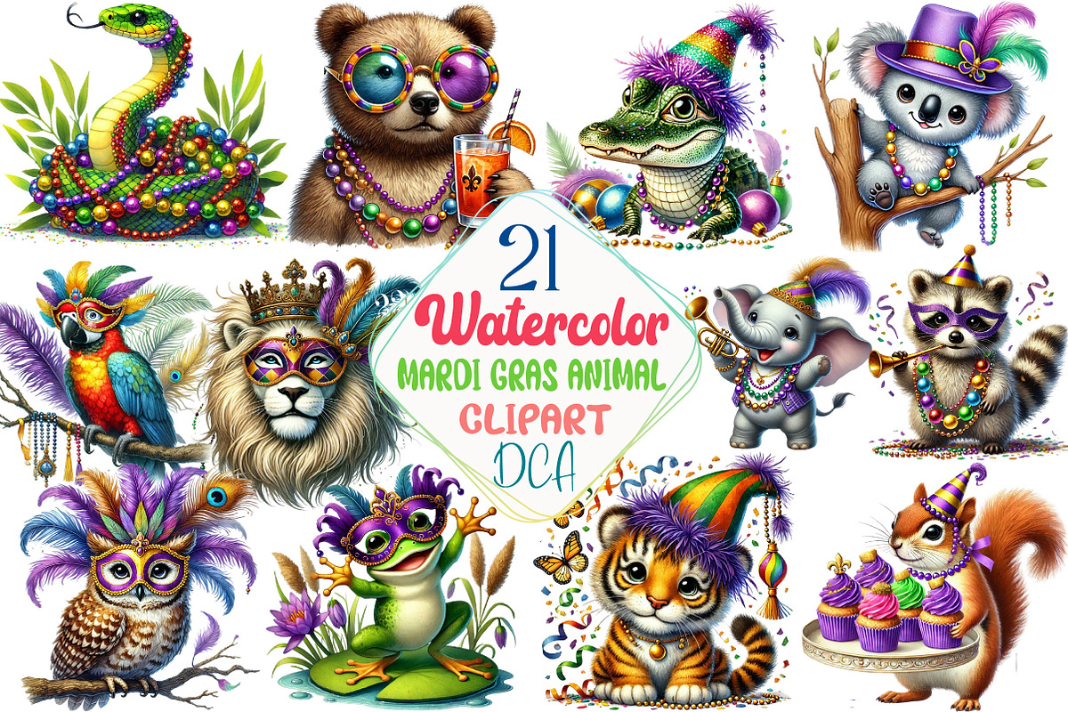 Watercolor Mardi Gras Animal Clipart, an Illustration by DreamCafeArt (Photo 1 of 3)