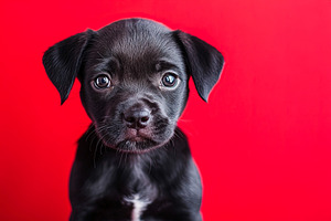 Adorable Black Puppy on Red Background, an Animal Photo by Ales Munt