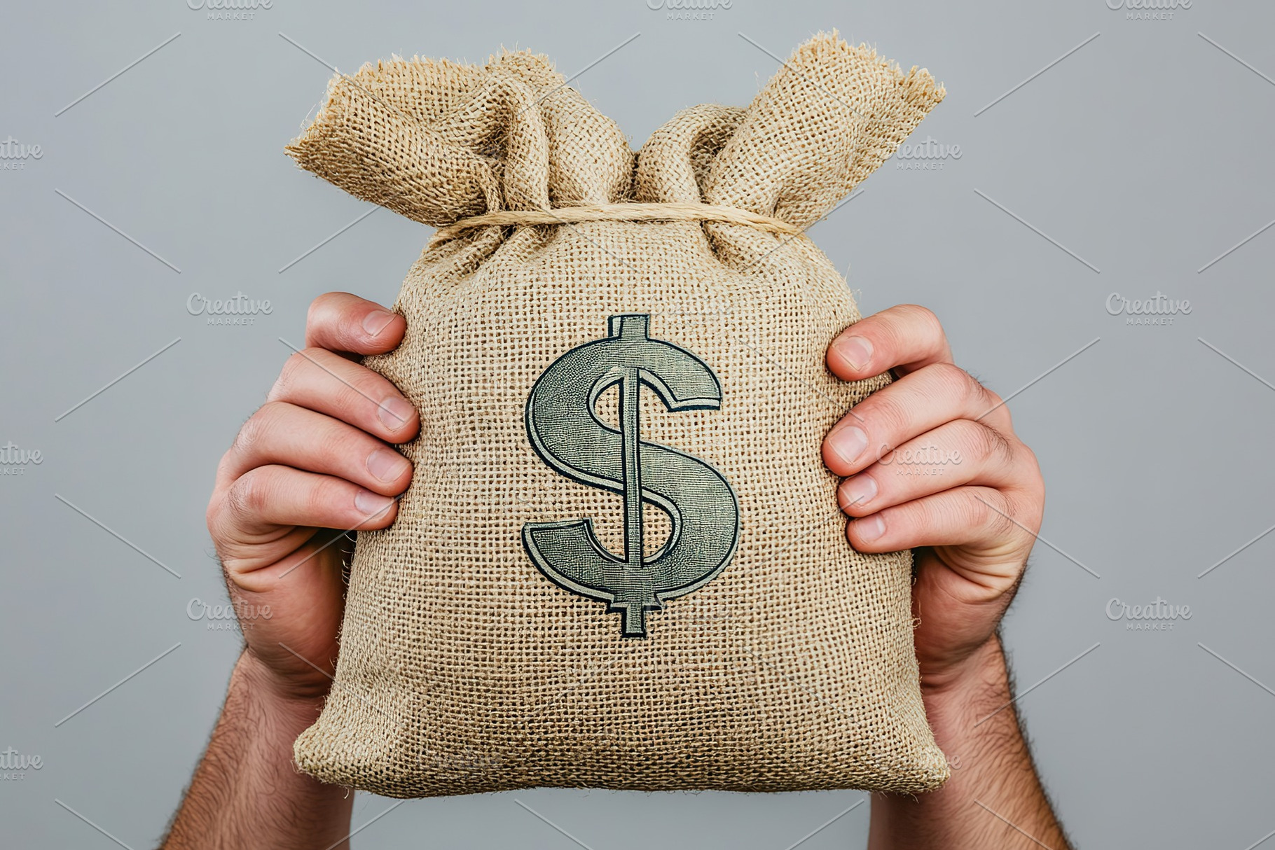 Male hands holding burlap bag with dollar symbol and banknotes on grey backgrou, a Business Photo by AlyaAnd