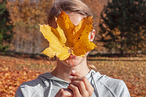Girl covering face with maple leaf, a Person Photo by BOOCYS