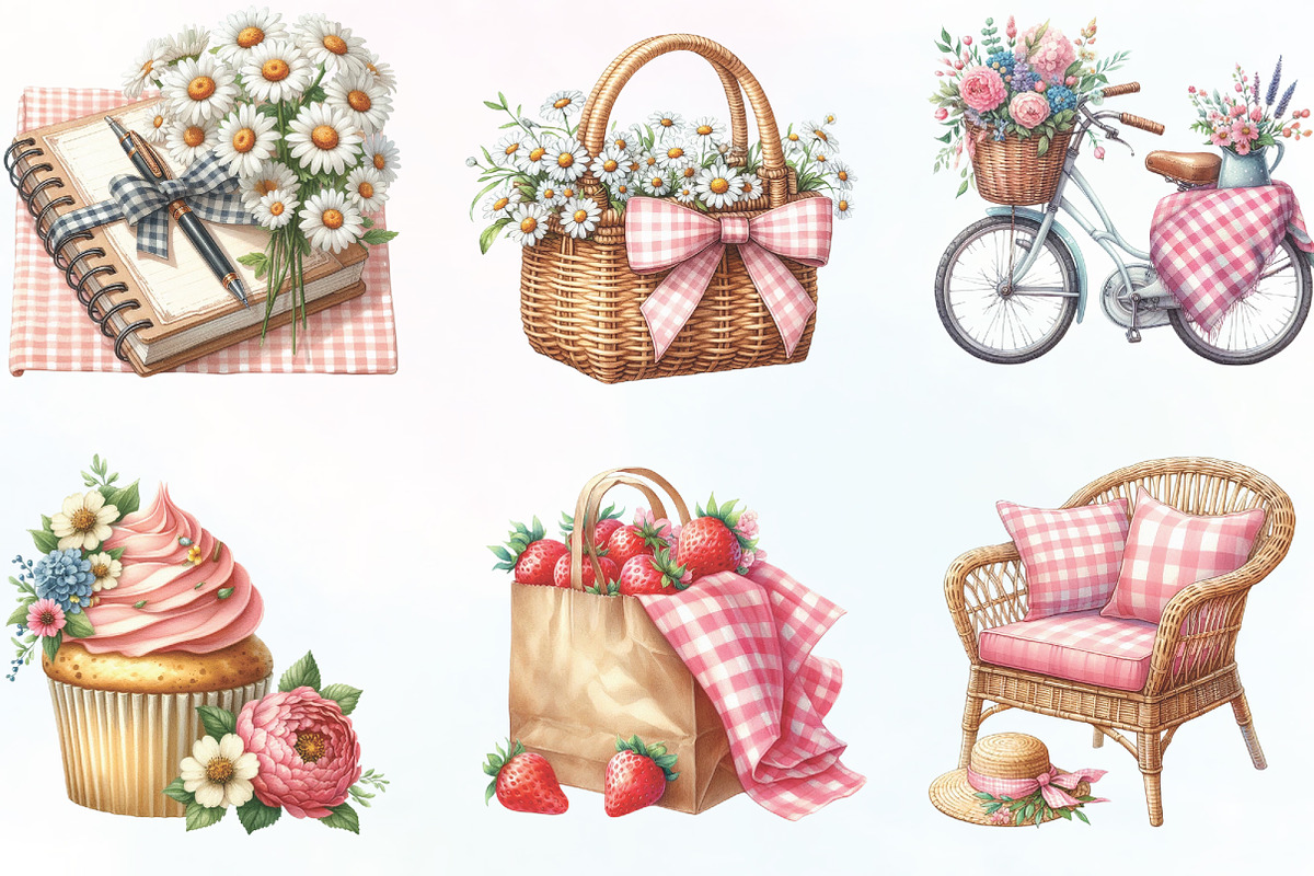 Bohemian Pink Gingham Summer Clipart, an Illustration by CraftArtStudio (Photo 2 of 6)