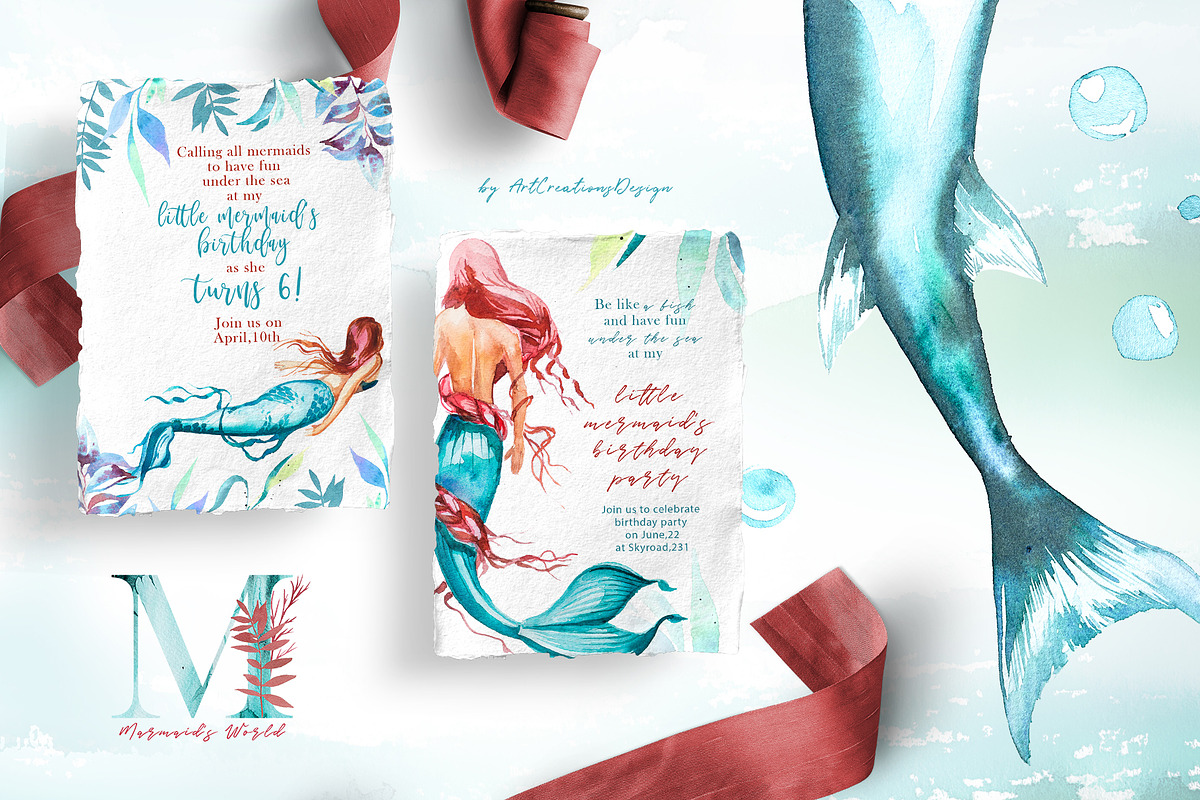 Watercolor Mermaid's World Clipart, a Person Illustration by ArtCreationsDesign (Photo 2 of 8)