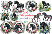 Watercolor Spring Black Horse, an Illustration by DreamCafeArt (Thumbnail 1 of 4)