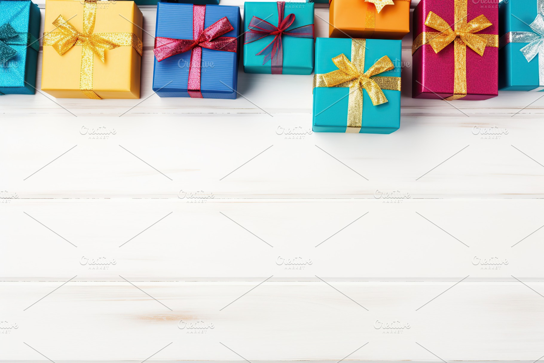 Christmas gift boxes on white wooden background, a Holiday Photo by AlyaAnd