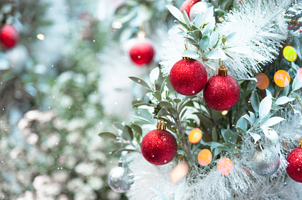 Christmas ornaments decorating on Christmas snowy tree. Merry Xm, a Holiday Photo by Ministocker