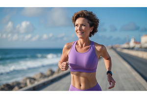 Active woman jogging along a seaside, an Illustration by tilialucida