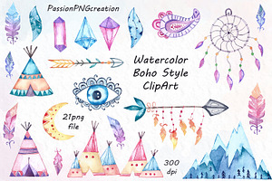 Watercolor Boho Style ClipArt