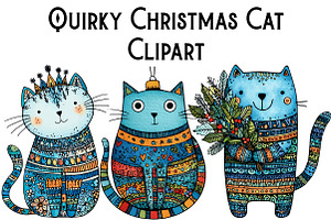 Quirky Christmas Cat Clipart, an Illustration by Pixels.Craft