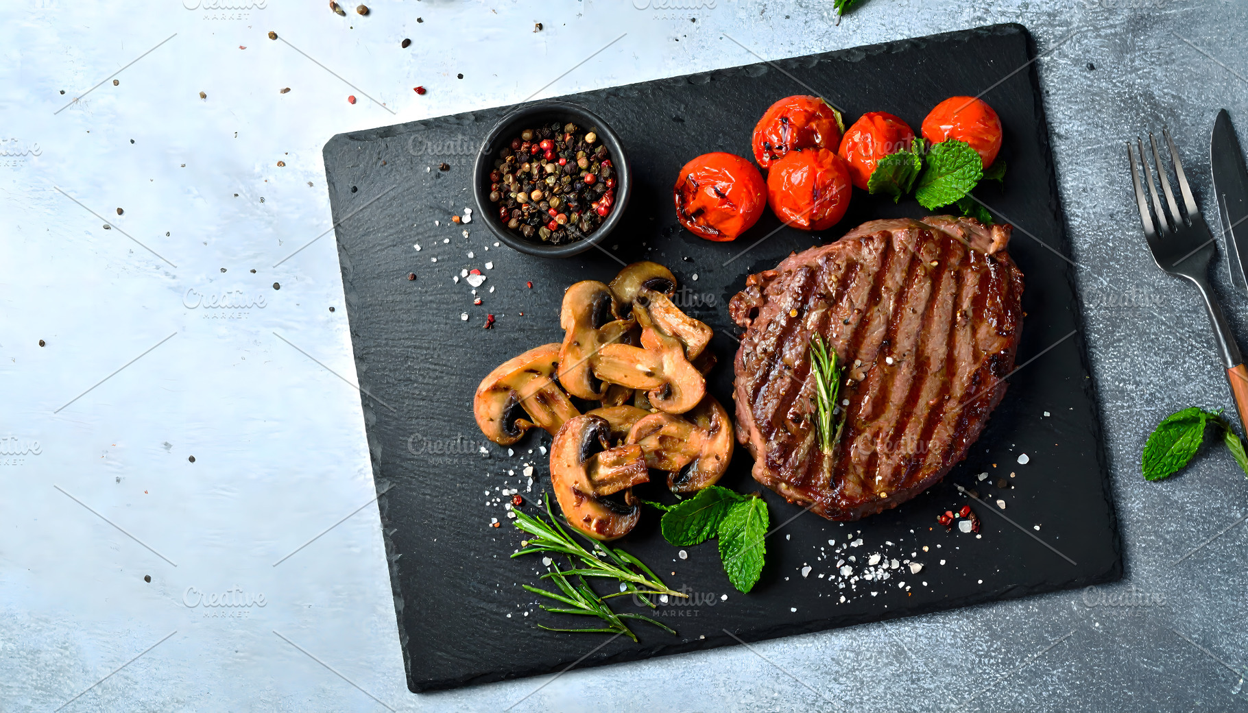 Grilled Steak with Mushrooms and Tom, a Food & Drink Photo by Stock Shape