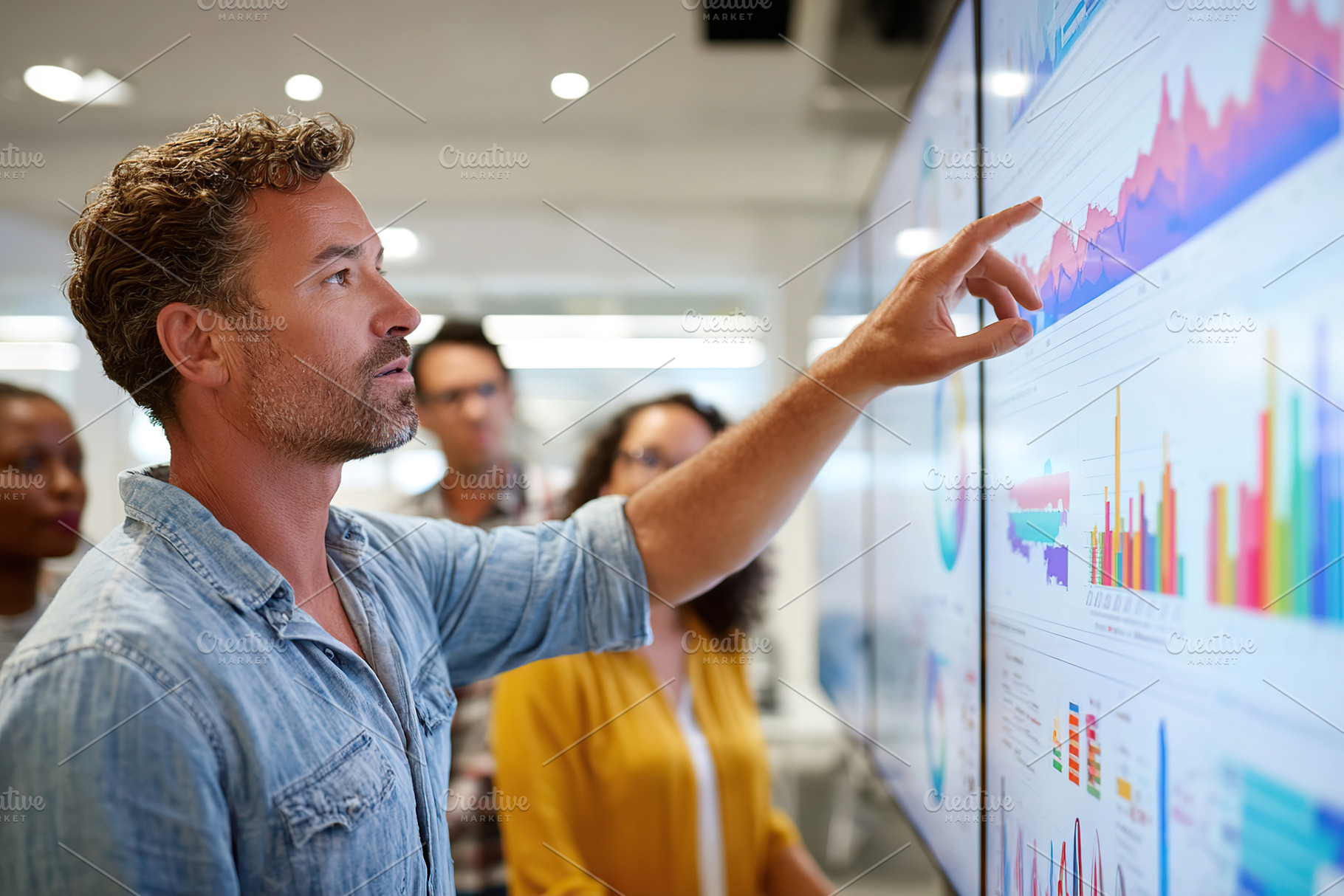 Team collaborates in modern meeting room analyzing data on large screens, a Business Photo by AlyaAnd