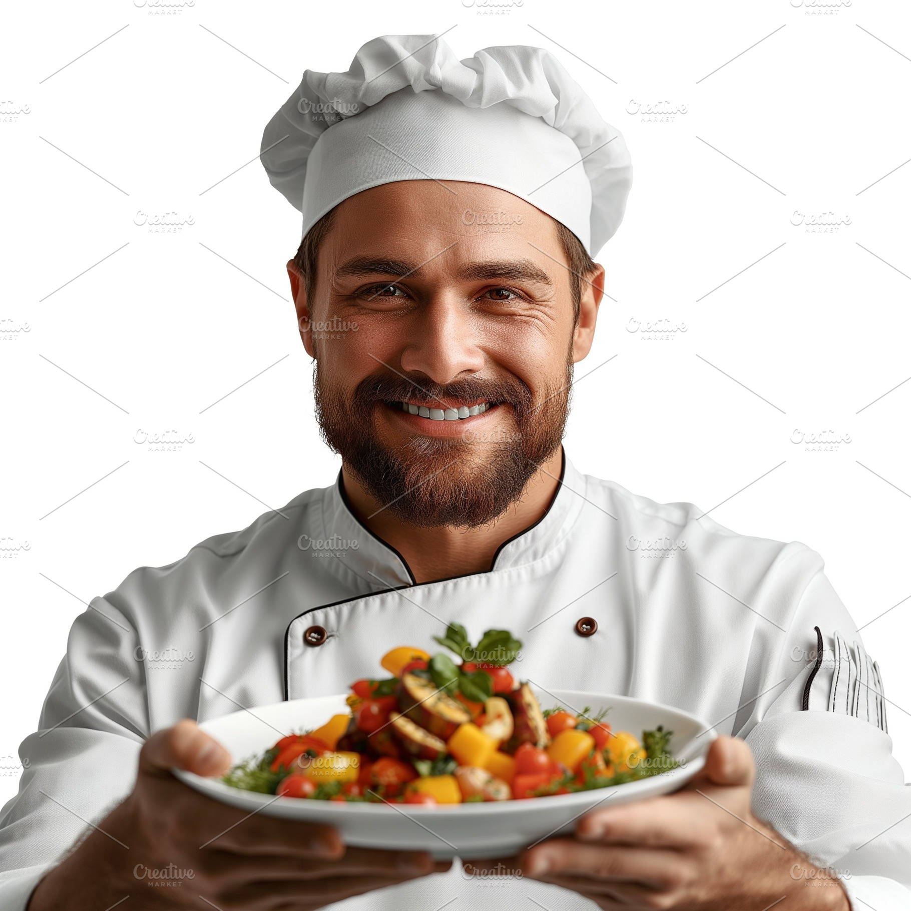 Smiling male chef in a white uniform proudly presenting a colorful vegetable di, a Person Photo by ImageMir