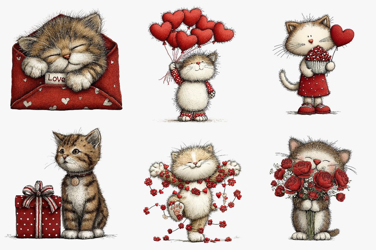 Quirky valentines cats clipart, an Illustration by CreationArt (Photo 2 of 6)