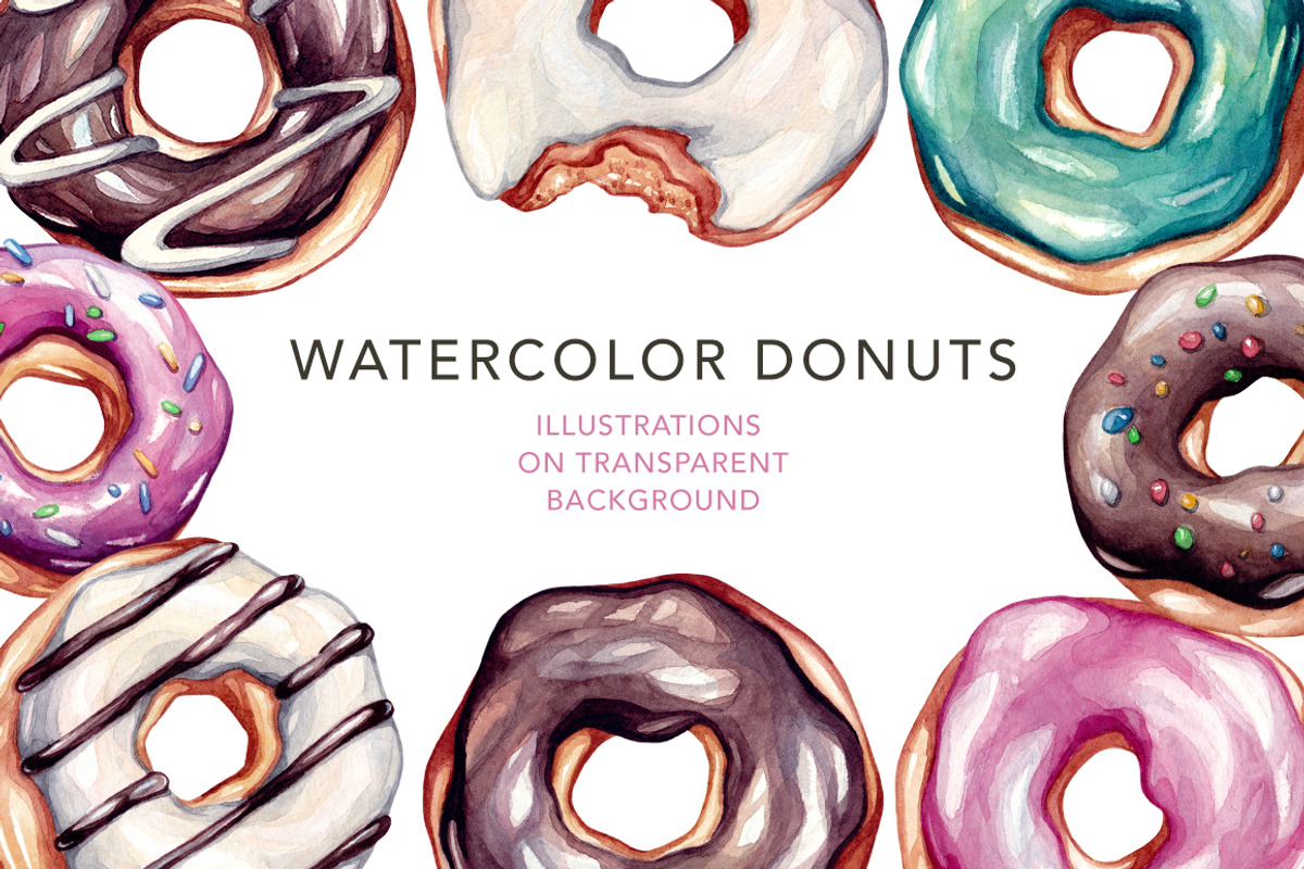Donuts. Watercolor illustrations., a Food Illustration by Olga Olmix (Photo 1 of 7)