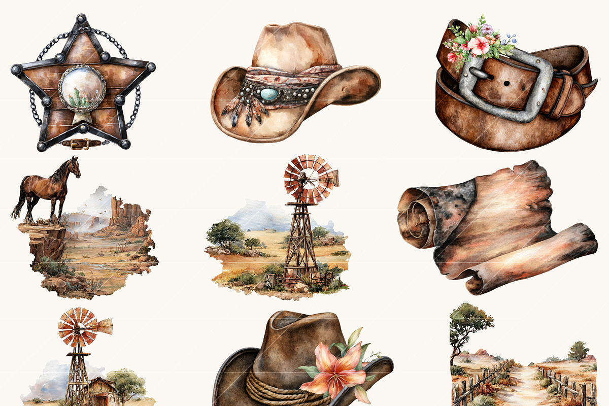Watercolor Cowboy Clipart Bundle, a Person Illustration by BusyDaydesign (Photo 3 of 9)