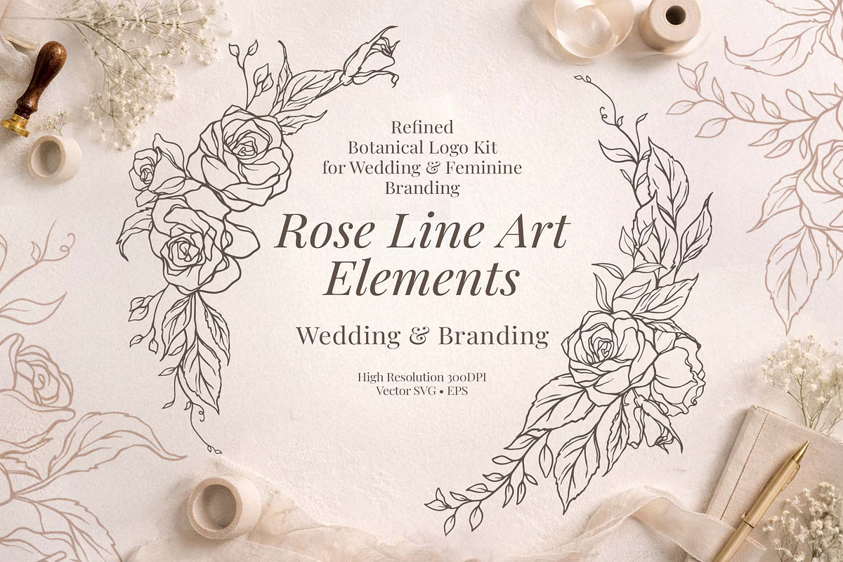 Elegant Rose Line Art Elements, a Decorative Illustration by Papatongartist (Photo 2 of 11)