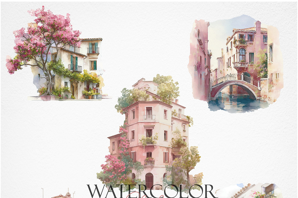 Romantic Italian Town Watercolor, a Decorative Illustration by Deckar_art