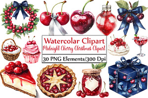 Midnight Cherry Christmas Clipart, an Illustration by DreamCafeArt