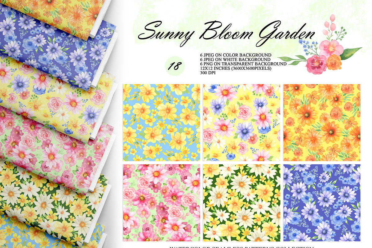 Watercolor Flowers Seamless Patterns, an Illustration by OlDm_Shop (Photo 1 of 10)