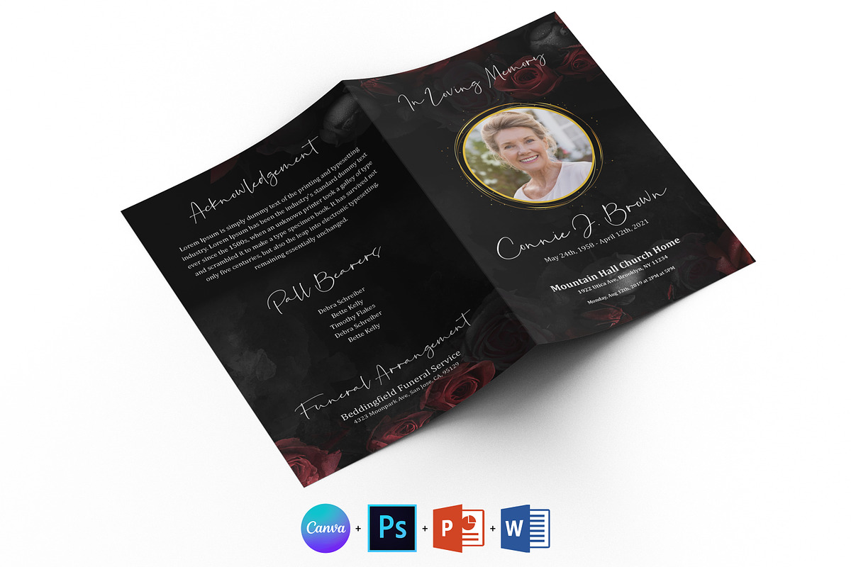 Rose Black Funeral Program Template, a Brochure Template by Designscozy (Photo 2 of 8)