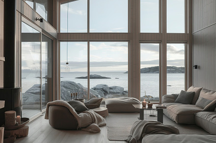 Modern living room with couch overlooking on ocean. Scandinavian interior, a Beauty & Fashion Photo by AlyaAnd