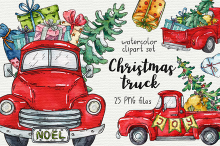 Christmas truck watercolor clipart