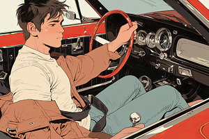 Teenager driving a classic red car, showcasing a vintage driving experience, a Photo by AS photostudio