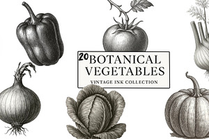 20 Botanical Vegetables Vintage Ink, a Food Illustration by Virgo Studio