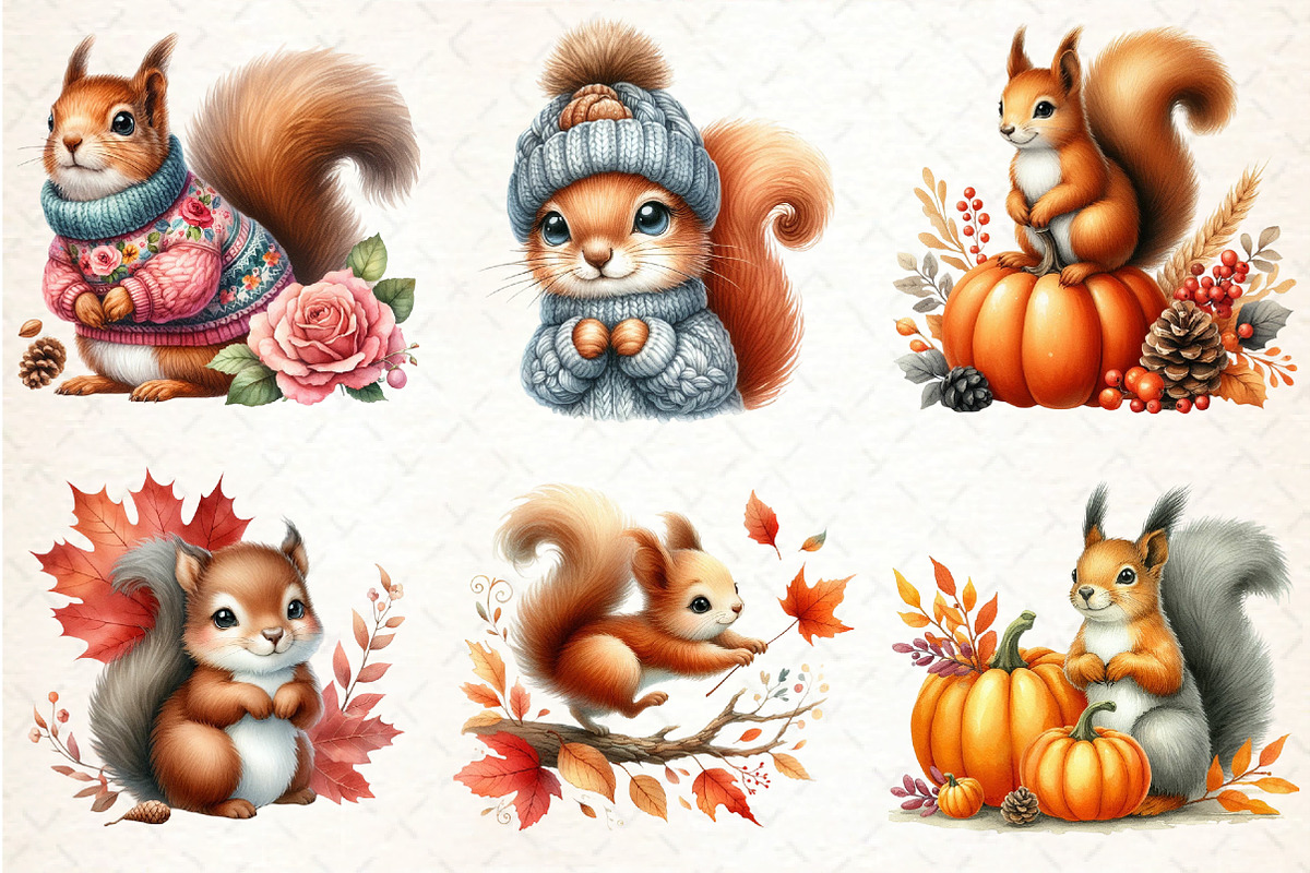 Watercolor Autumn Squirrel Clipart, an Illustration by DreamCafeArt (Photo 2 of 9)