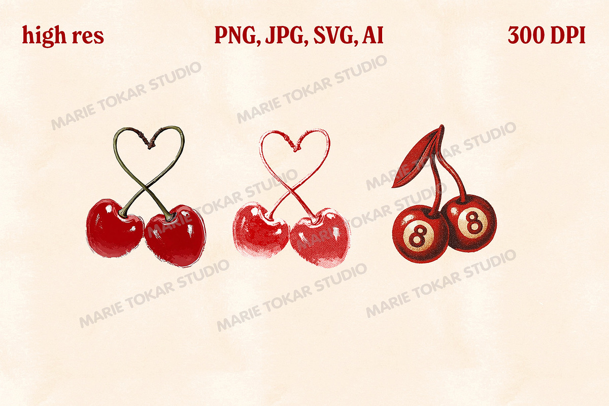 Retro Cherry Illustrations PNG & SVG, an Object Graphic by Marie T (Photo 4 of 12)