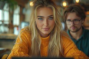 A young Caucasian woman with long, blonde hair, wearing a cozy orange sweater,, a Person Photo by ImageMir