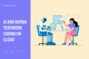 AI and Human Teamwork Coding, a Technology Illustration by Partikusi Design