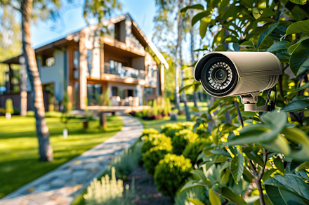 Modern public CCTV camera on blurred private house background, a Technology Photo by AlyaAnd