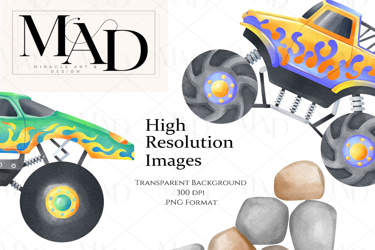 Watercolor Monster Truck Clipart Set, a Transportation Illustration by MiracleArtAndDesign (Photo 5 of 5)