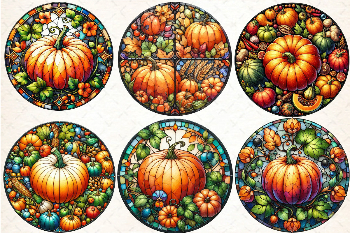 Round Pumpkin Stained Glass Clipart, an Illustration by DreamCafeArt (Photo 2 of 5)