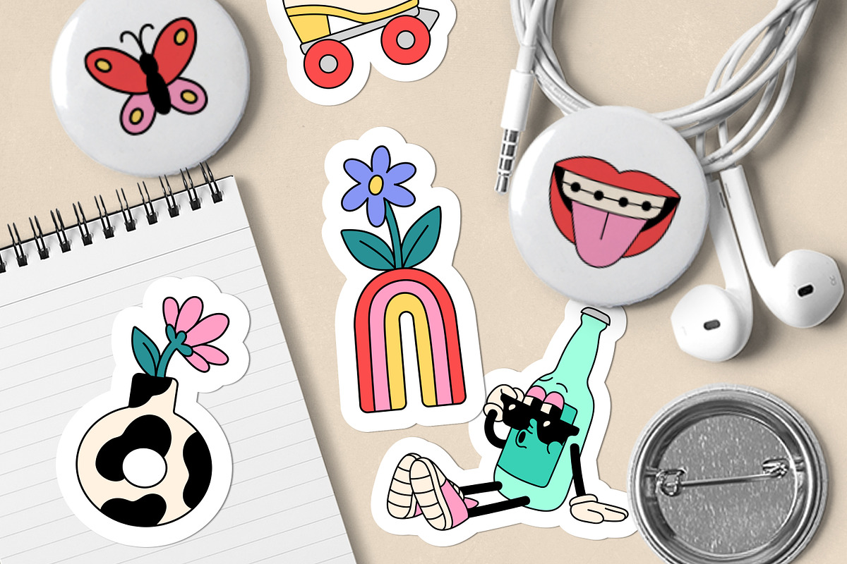 Retro stickers in groovy style set, a Decorative Illustration by PaperTrident (Photo 6 of 8)