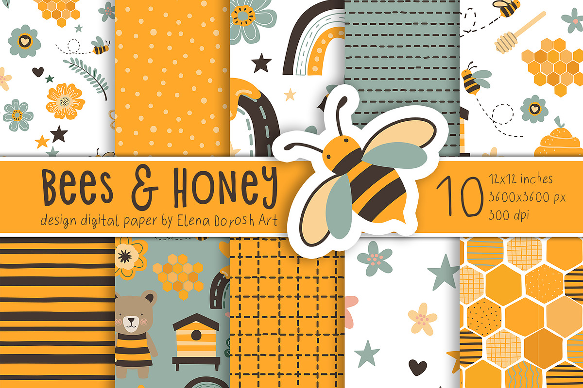 Bees, Honey Cartoon Digital Paper, a Pattern Graphic by Elena Dorosh (Photo 1 of 6)