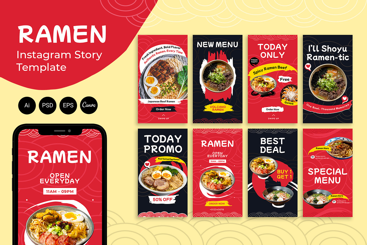 Ramen Instagram Story - Canva,Ai,Psd, a Social Media Template by Jiwstudio (Photo 1 of 3)
