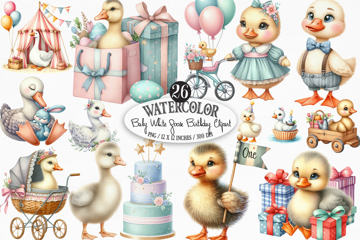 Watercolor Baby White Goose Birthday, an Illustration by Designking