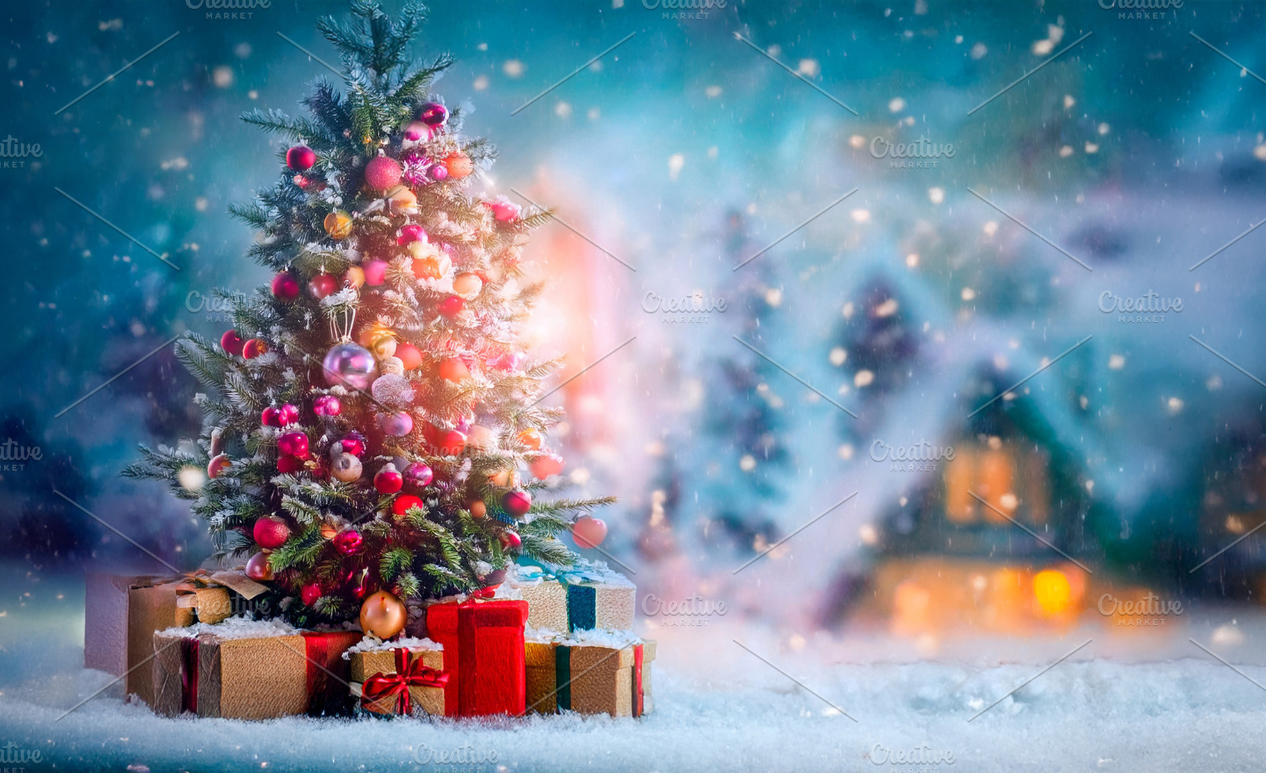 Christmas tree with gifts under the snow and house background, a Holiday Photo by Davizro's Market