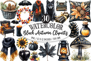 Watercolor Black Autumn Cliparts, an Illustration by Designking