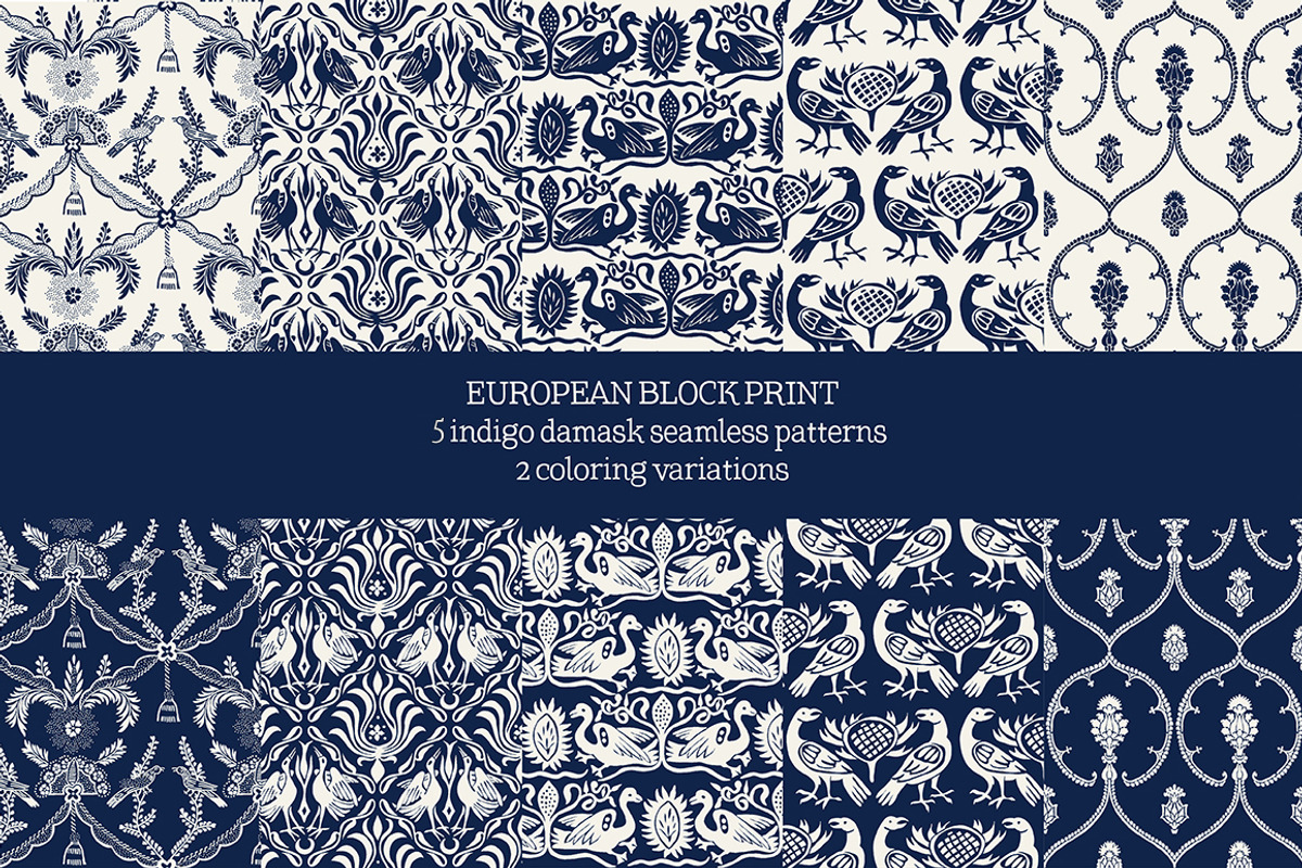 Blue European Block Print: Damask, a Pattern Graphic by StabuLaRasa illustration