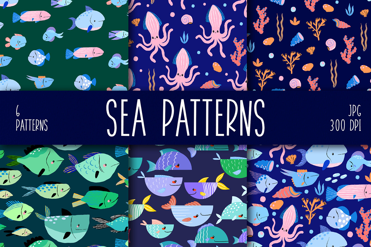Cute Sea Life Seamless Patterns, a Pattern Graphic by the_myro (Photo 2 of 7)