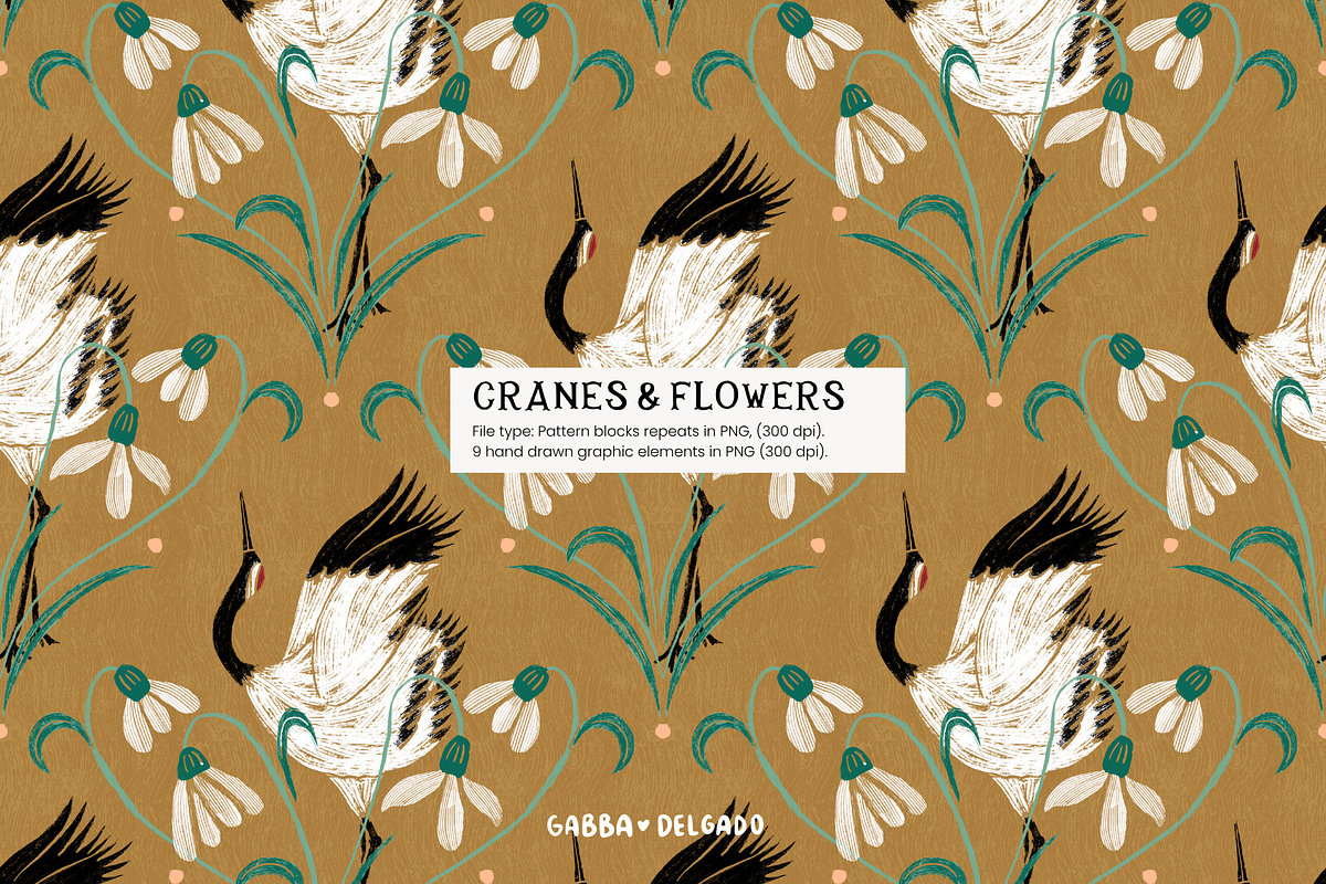 Cranes & Flowers PNG Patterns & Art, a Graphic by Gabba Delgado (Photo 2 of 13)